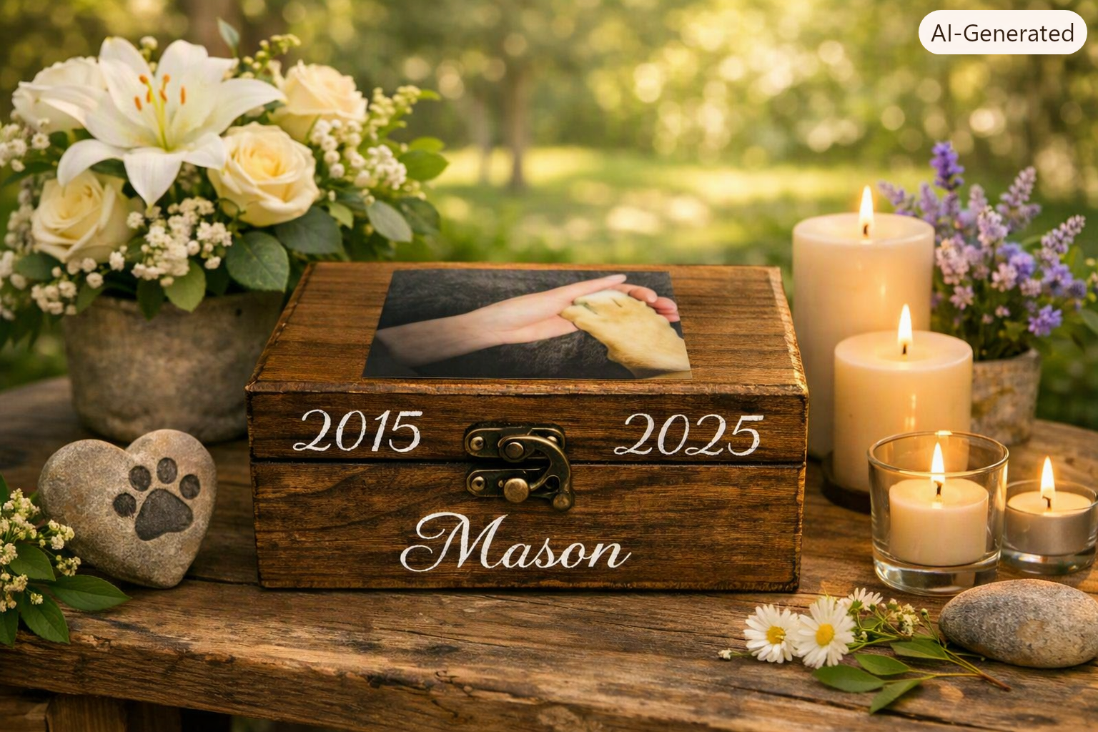 The Lucy Box pet memorial keepsake — handcrafted wood box with custom photo epoxy lid, surrounded by candles and flowers